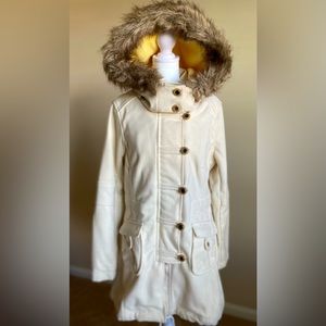 Free People, Cream colored lined winter coat with fur edged hood